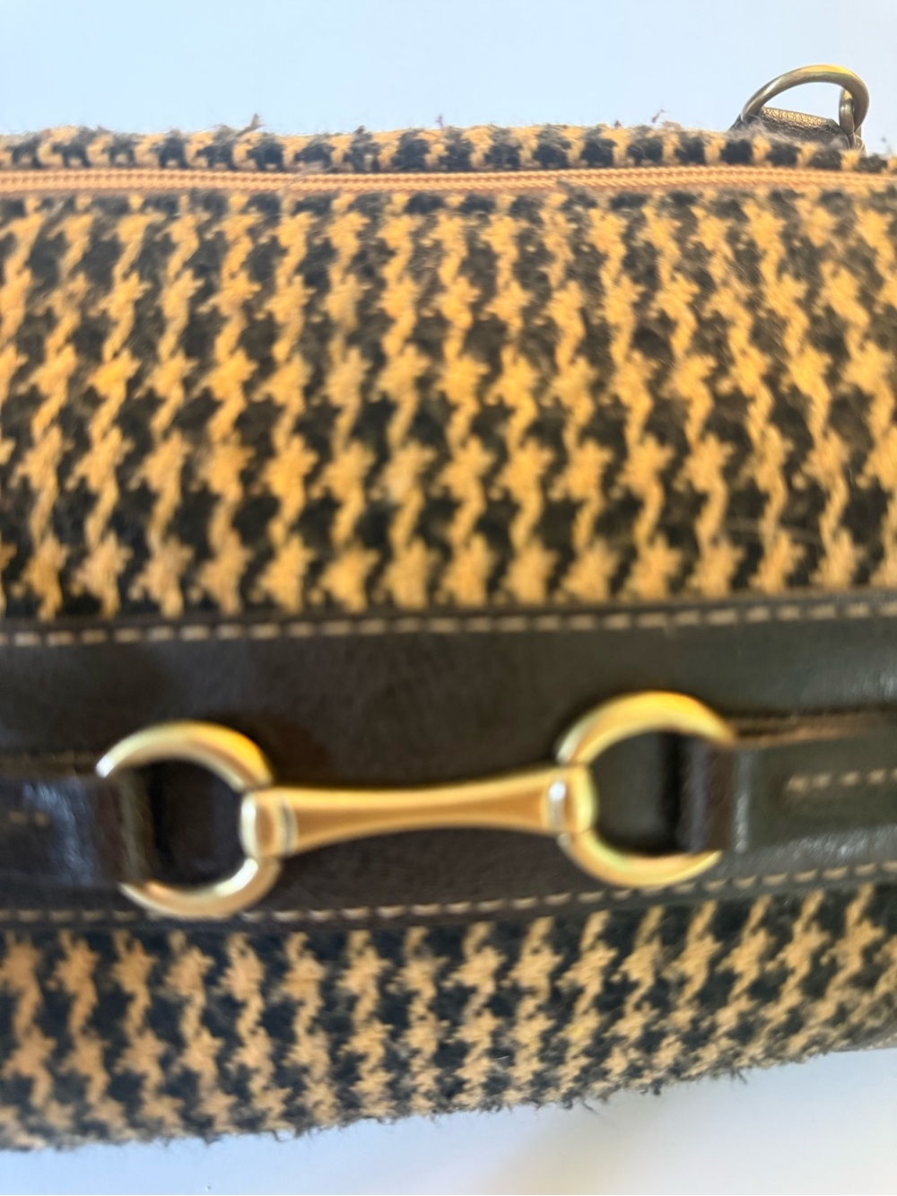 Vintage Houndstooth Hobo Satchel in Brown and Tan with Brass Accents - Picture 12 of 16